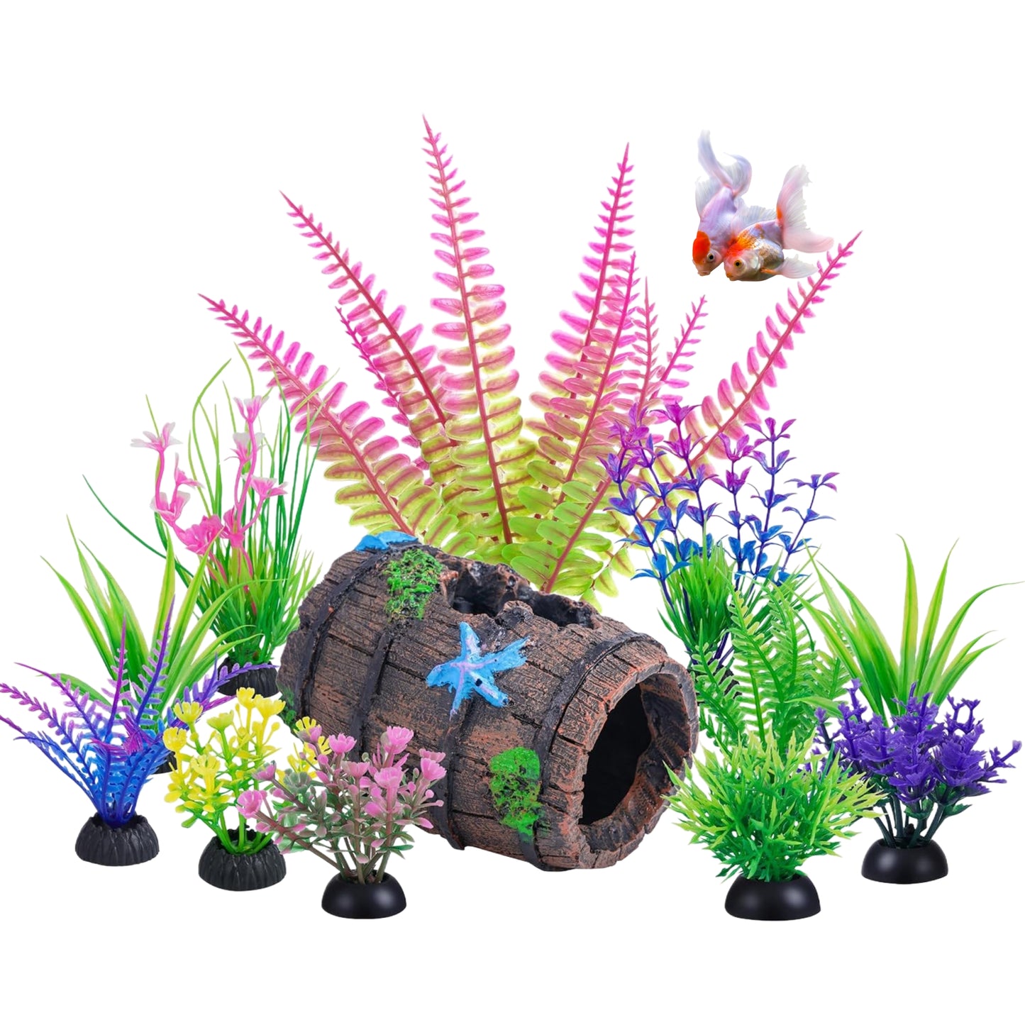 UlePaw Fish Tank Decorations Broken Barrel with Aquarium Plants