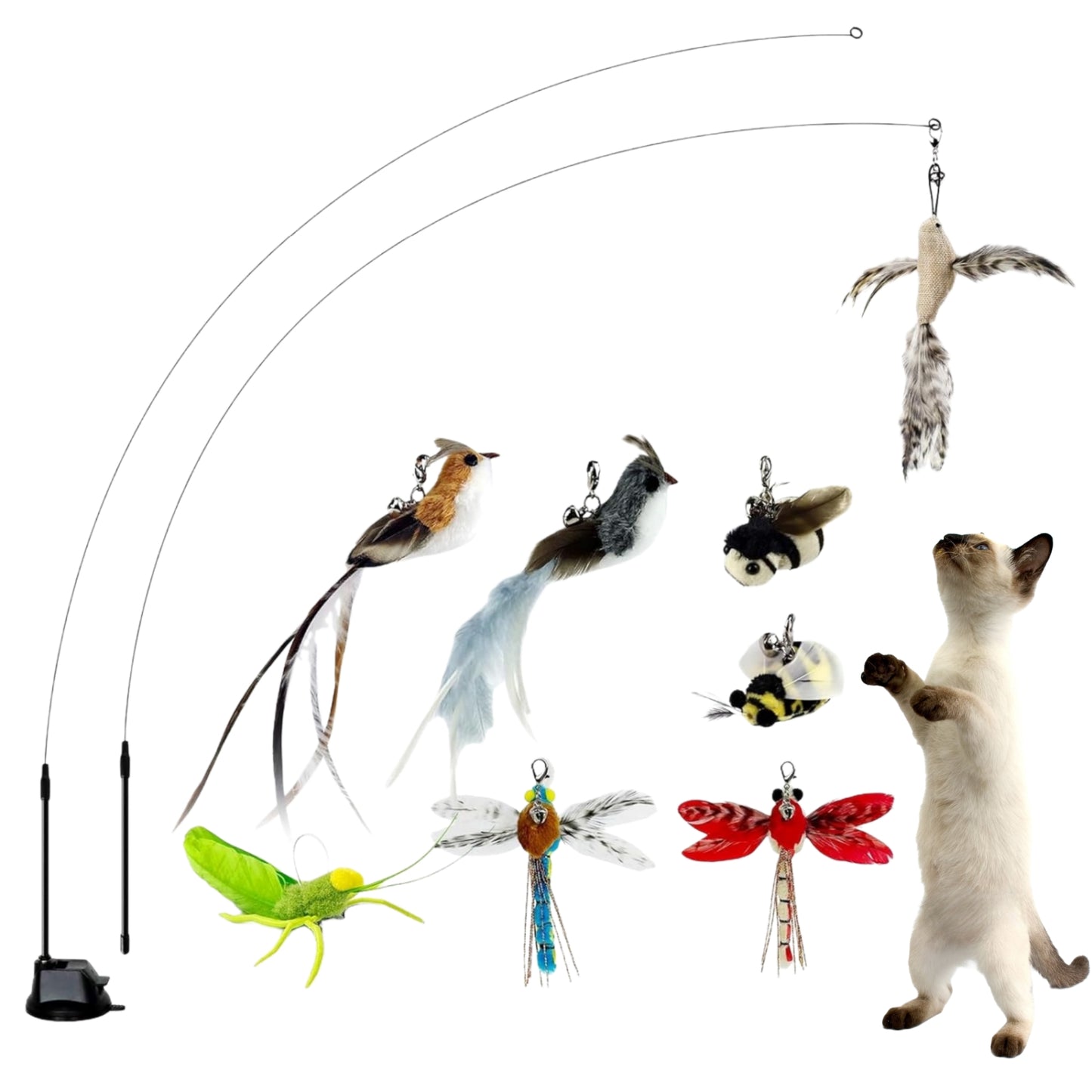 UlePaw Cat Wand Toys with Suction Cup, 8 Feather Refills Bells Interactive