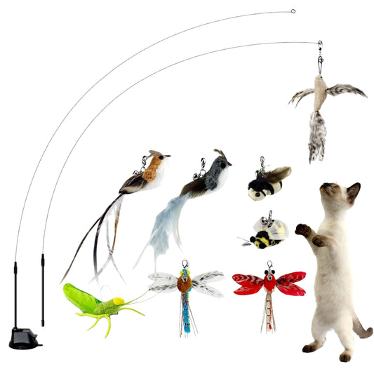 UlePaw Cat Wand Toys with Suction Cup, 8 Feather Refills Bells Interactive