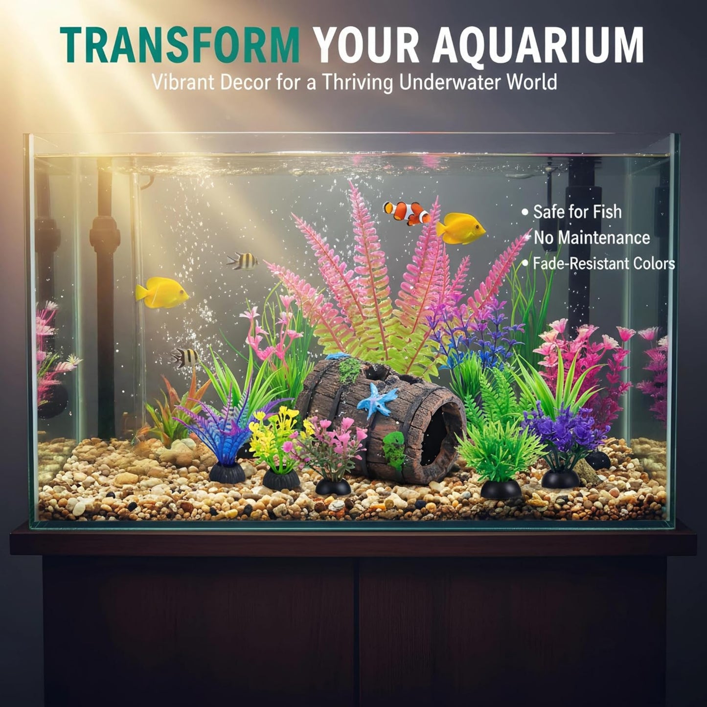 UlePaw Fish Tank Decorations Broken Barrel with Aquarium Plants