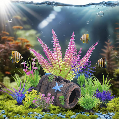 UlePaw Fish Tank Decorations Broken Barrel with Aquarium Plants