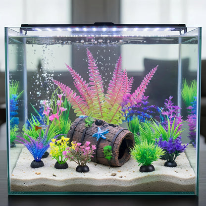 UlePaw Fish Tank Decorations Broken Barrel with Aquarium Plants