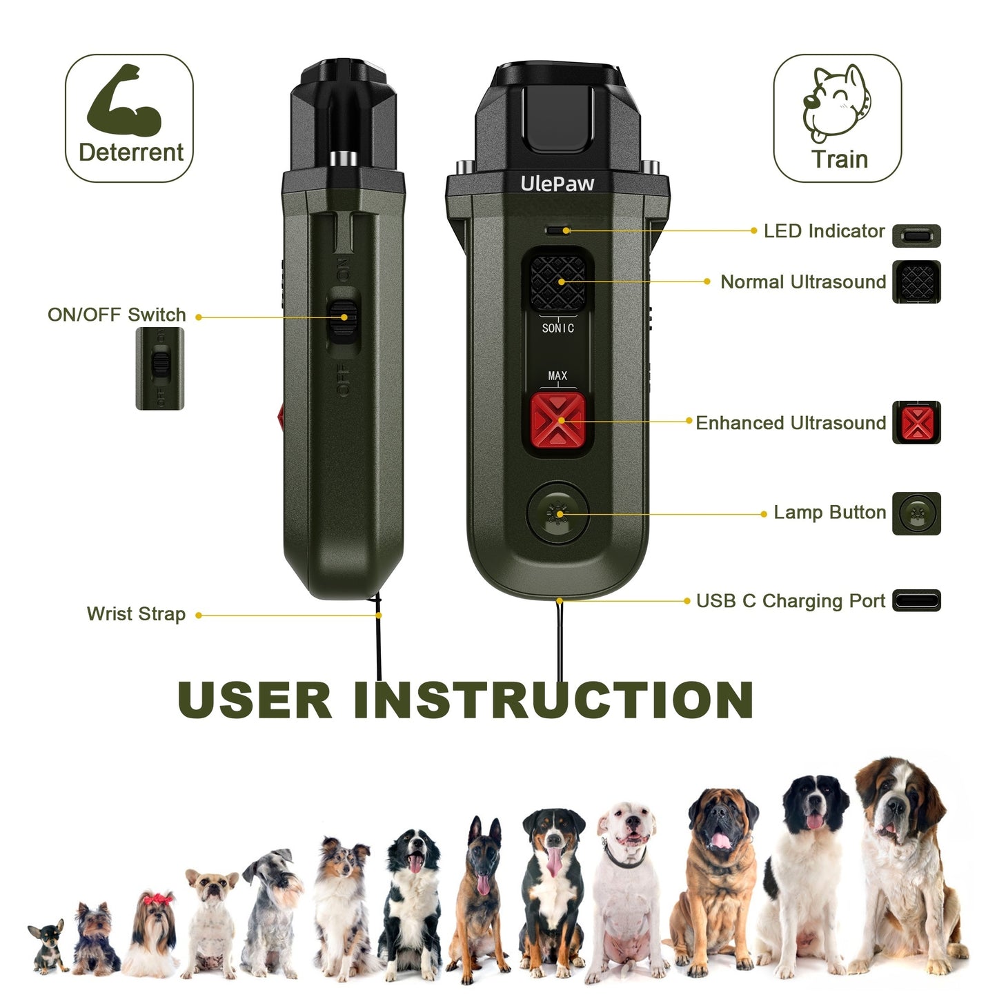 UlePaw Rechargeable Ultrasonic Dog Bark Deterrent, Anti-Bark Device with LED Light