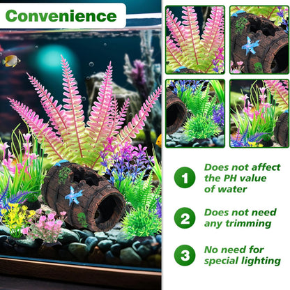 UlePaw Fish Tank Decorations Broken Barrel with Aquarium Plants