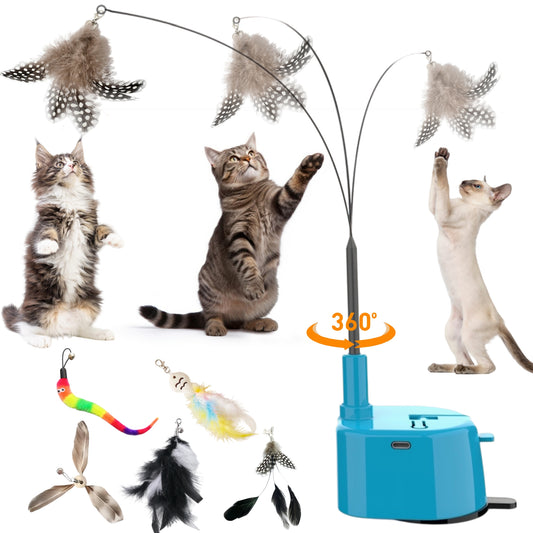 Interactive Cat Toy for Indoor Cats, Automatic Rotating Feather Wand Toy, Touch Activated Self-Play Toy, Rechargeable Cat Exercise Toy